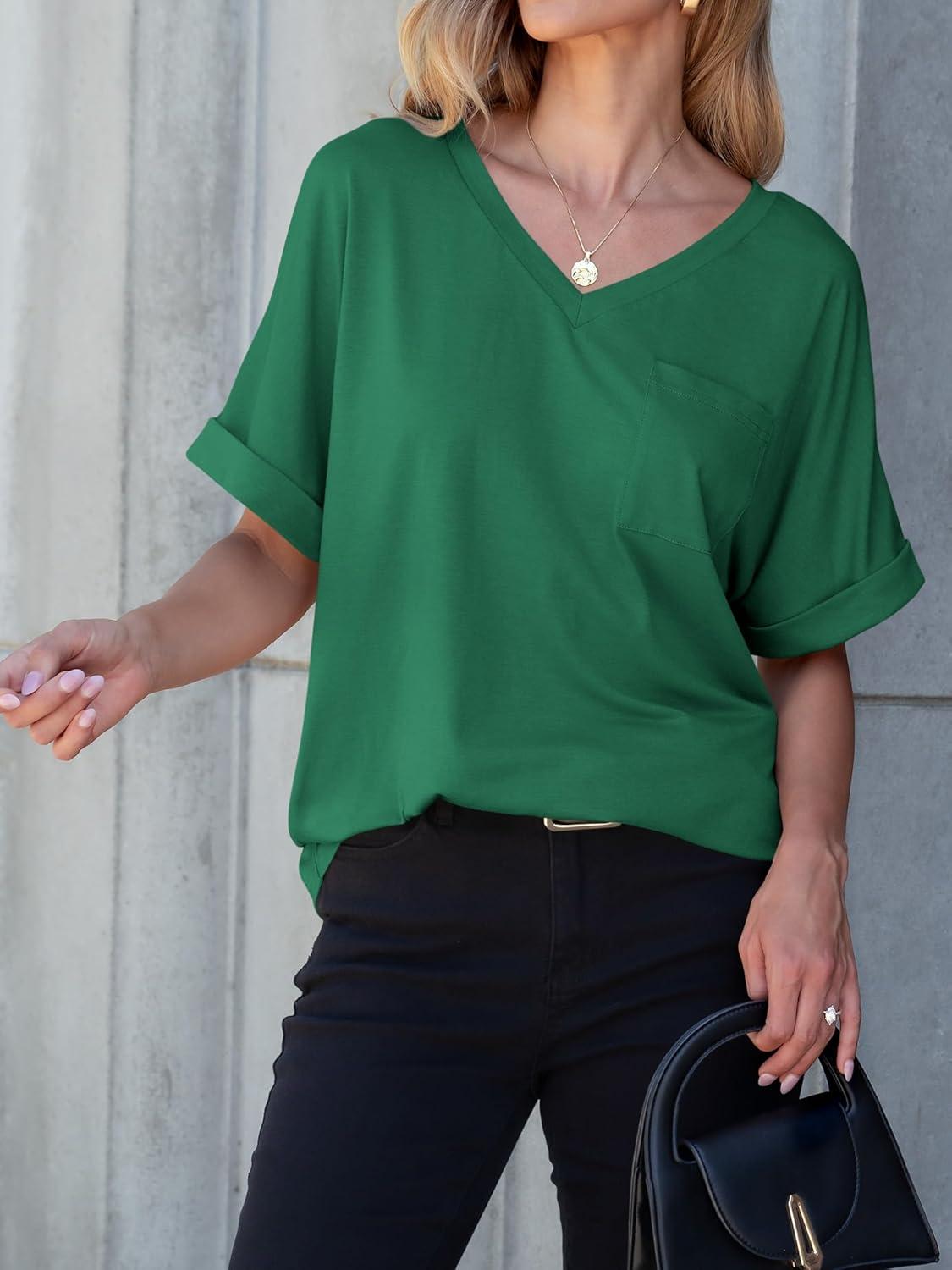 imageANRABESS Women T Shirts Oversized Short Sleeve V Neck 2025 Summer Casual Loose Tops Basic Tee Shirts Outfits with PocketGreen