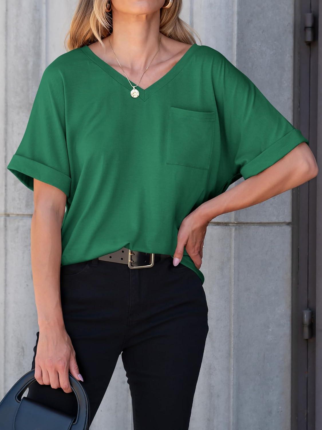 imageANRABESS Women T Shirts Oversized Short Sleeve V Neck 2025 Summer Casual Loose Tops Basic Tee Shirts Outfits with PocketGreen