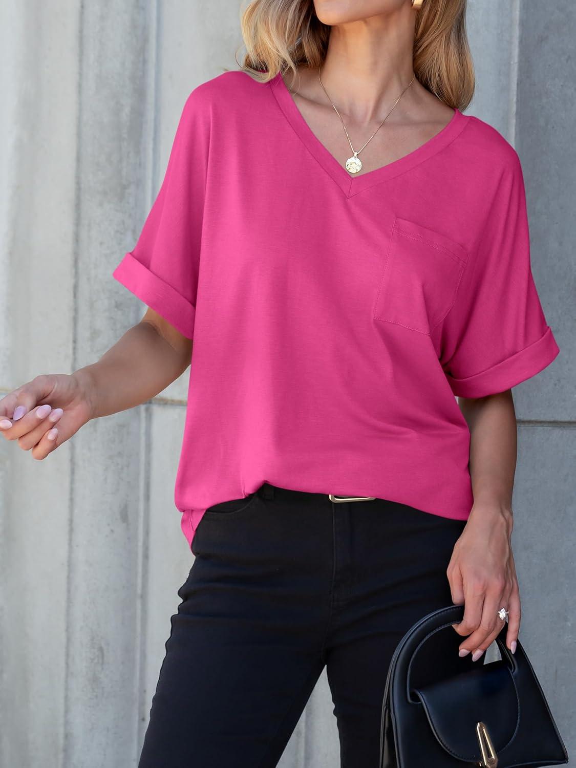 imageANRABESS Women T Shirts Oversized Short Sleeve V Neck 2025 Summer Casual Loose Tops Basic Tee Shirts Outfits with PocketHot Pink