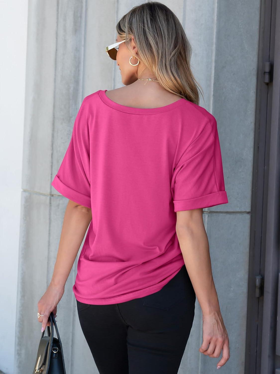 imageANRABESS Women T Shirts Oversized Short Sleeve V Neck 2025 Summer Casual Loose Tops Basic Tee Shirts Outfits with PocketHot Pink