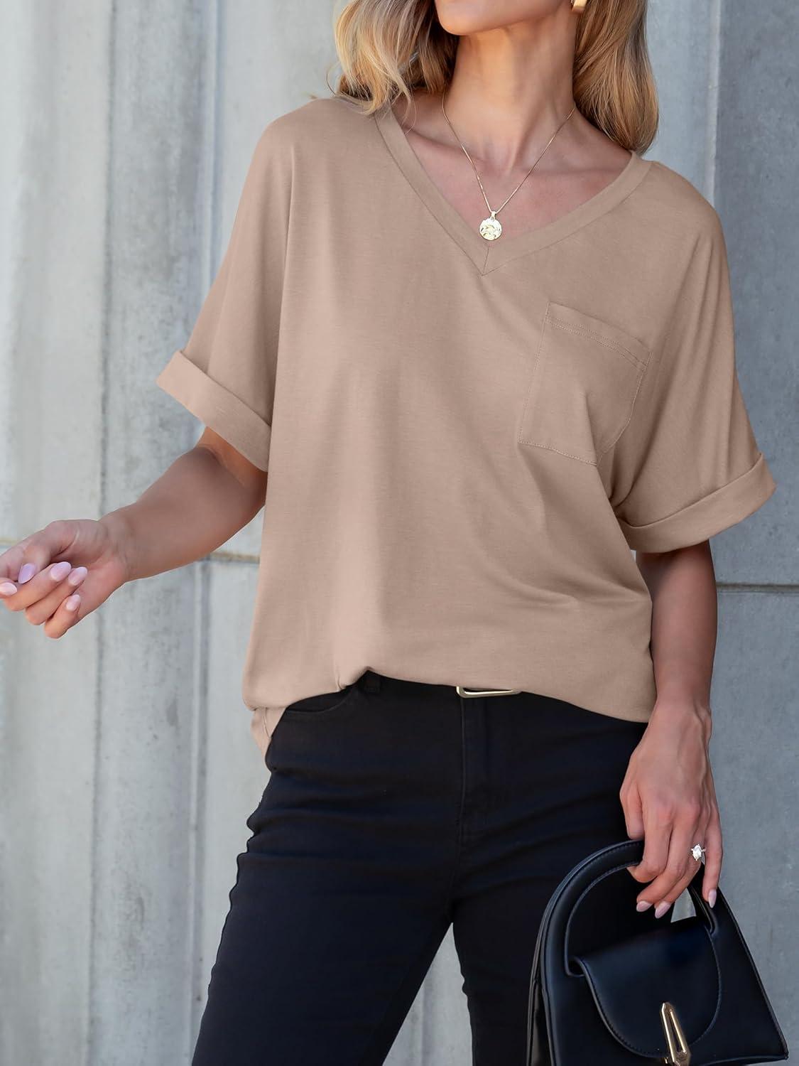 imageANRABESS Women T Shirts Oversized Short Sleeve V Neck 2025 Summer Casual Loose Tops Basic Tee Shirts Outfits with PocketKhaki