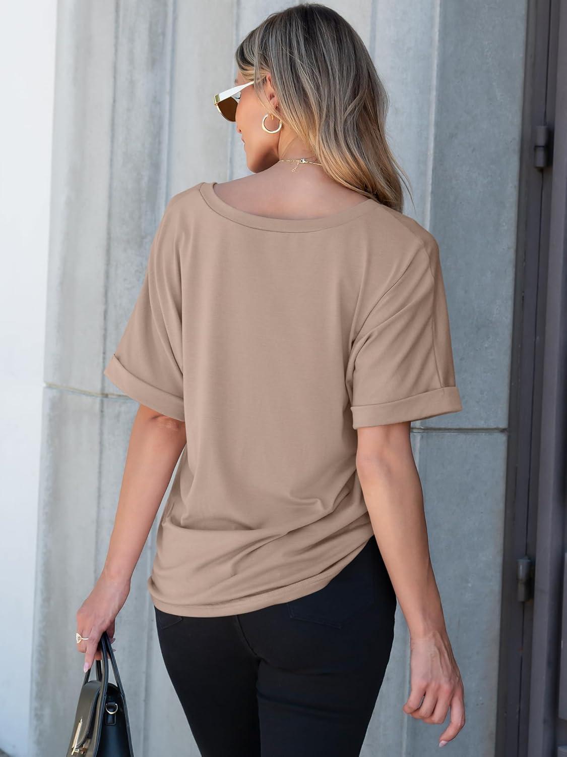 imageANRABESS Women T Shirts Oversized Short Sleeve V Neck 2025 Summer Casual Loose Tops Basic Tee Shirts Outfits with PocketKhaki
