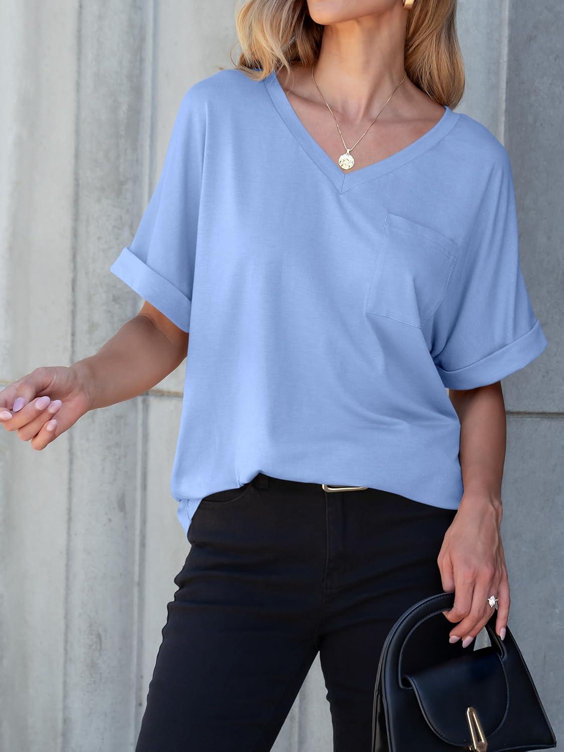 imageANRABESS Women T Shirts Oversized Short Sleeve V Neck 2025 Summer Casual Loose Tops Basic Tee Shirts Outfits with PocketLight Blue