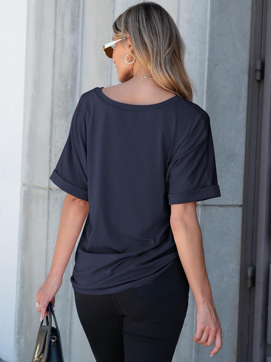 imageANRABESS Women T Shirts Oversized Short Sleeve V Neck 2025 Summer Casual Loose Tops Basic Tee Shirts Outfits with PocketNavy Blue