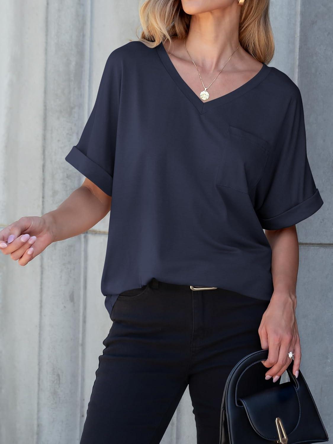 imageANRABESS Women T Shirts Oversized Short Sleeve V Neck 2025 Summer Casual Loose Tops Basic Tee Shirts Outfits with PocketNavy Blue