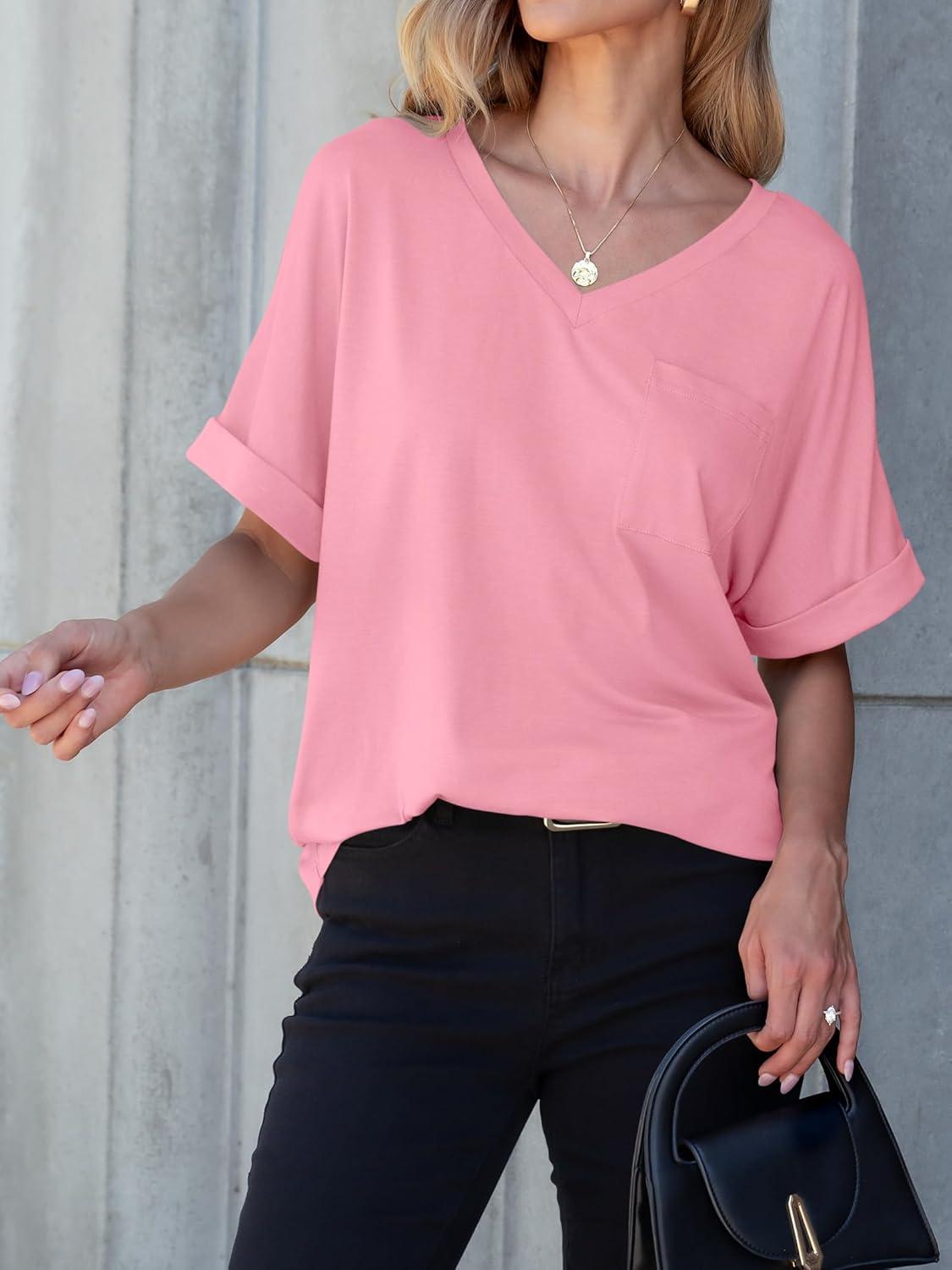imageANRABESS Women T Shirts Oversized Short Sleeve V Neck 2025 Summer Casual Loose Tops Basic Tee Shirts Outfits with PocketPink