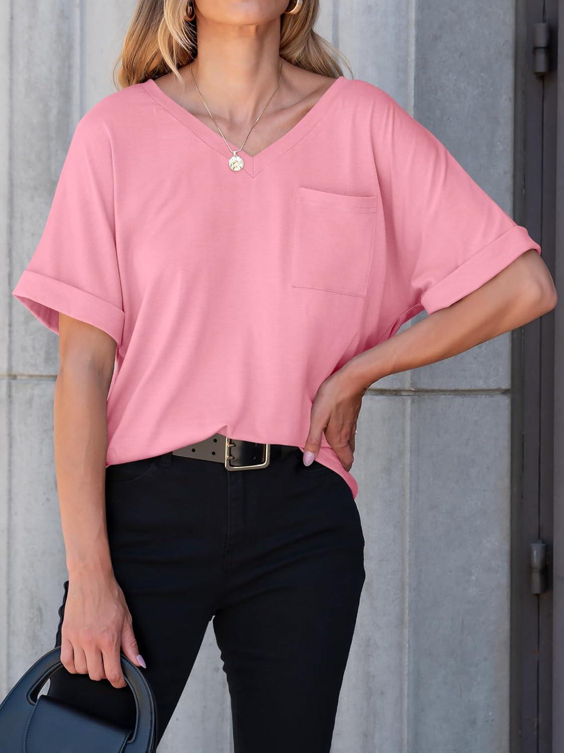 imageANRABESS Women T Shirts Oversized Short Sleeve V Neck 2025 Summer Casual Loose Tops Basic Tee Shirts Outfits with PocketPink