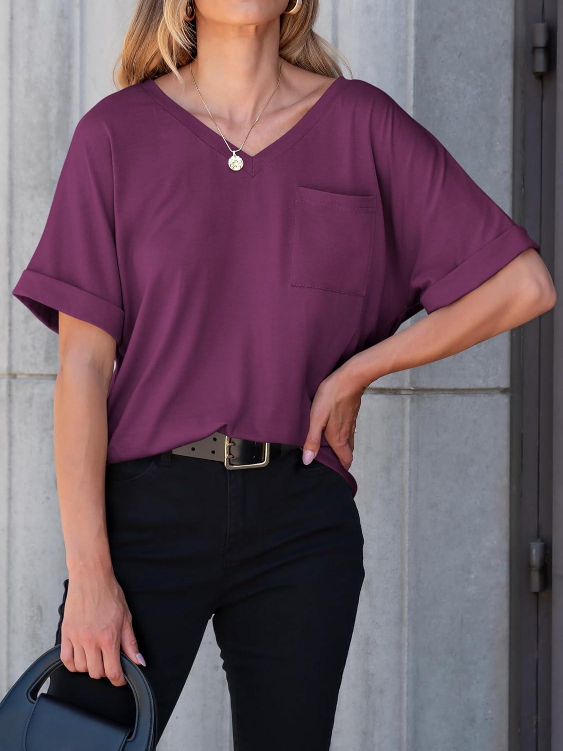 imageANRABESS Women T Shirts Oversized Short Sleeve V Neck 2025 Summer Casual Loose Tops Basic Tee Shirts Outfits with PocketPurple