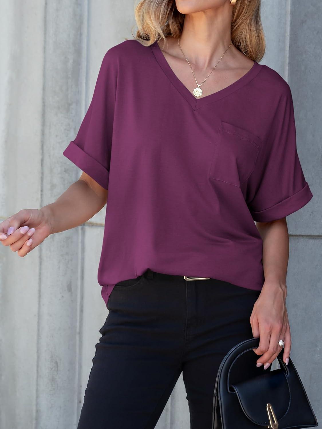 imageANRABESS Women T Shirts Oversized Short Sleeve V Neck 2025 Summer Casual Loose Tops Basic Tee Shirts Outfits with PocketPurple