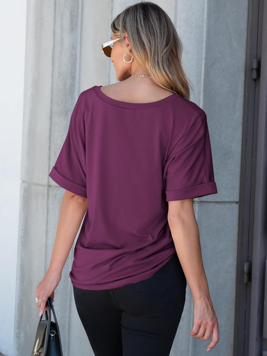imageANRABESS Women T Shirts Oversized Short Sleeve V Neck 2025 Summer Casual Loose Tops Basic Tee Shirts Outfits with PocketPurple