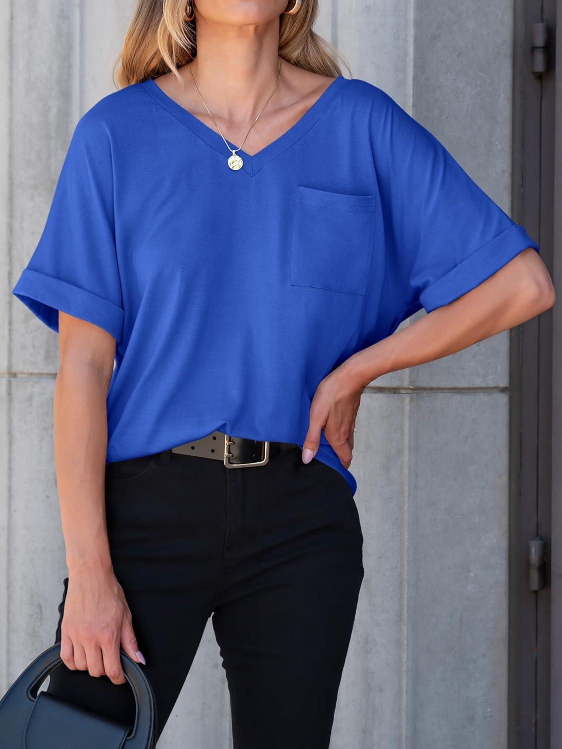 imageANRABESS Women T Shirts Oversized Short Sleeve V Neck 2025 Summer Casual Loose Tops Basic Tee Shirts Outfits with PocketRoyal Blue