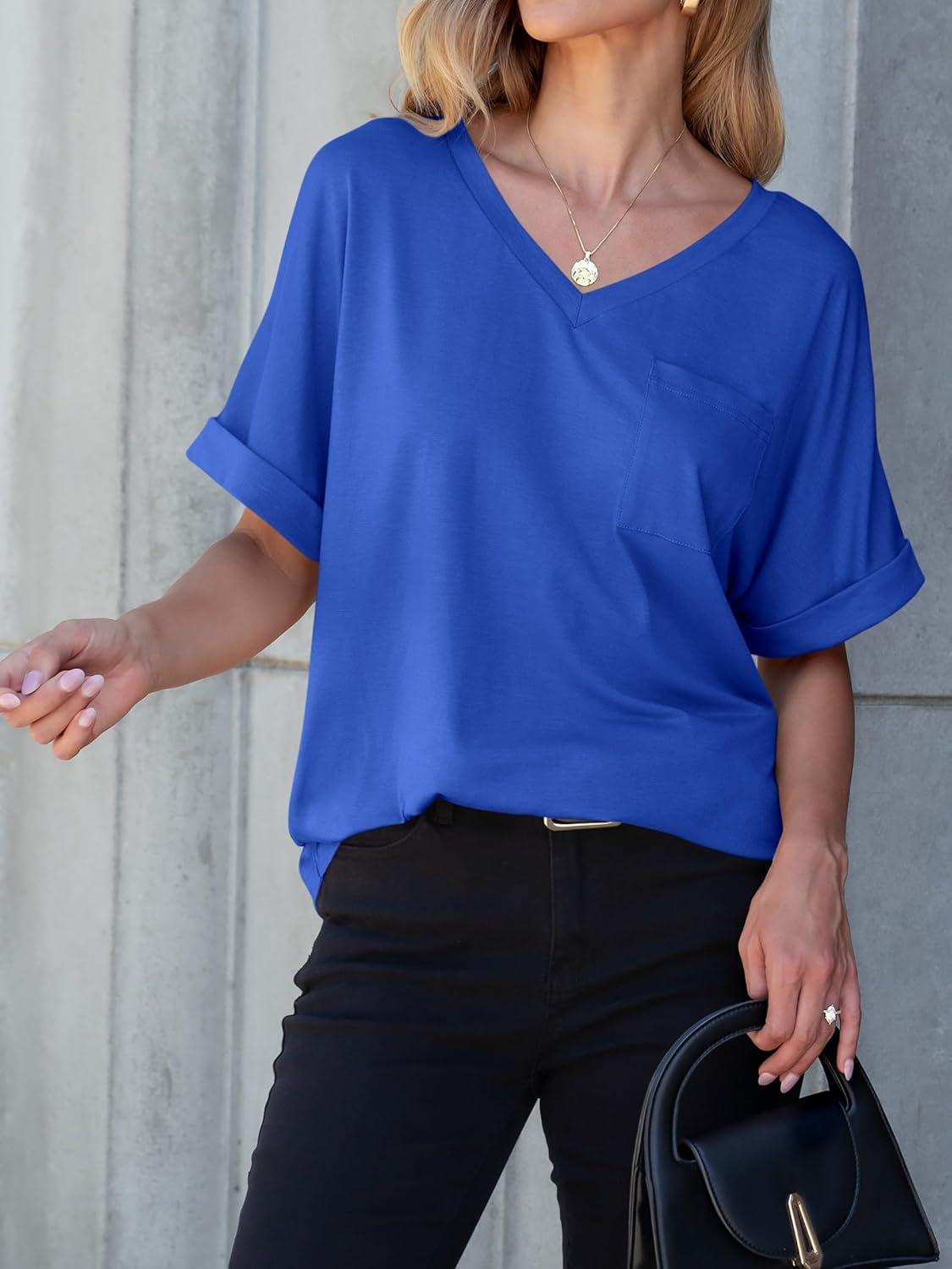 imageANRABESS Women T Shirts Oversized Short Sleeve V Neck 2025 Summer Casual Loose Tops Basic Tee Shirts Outfits with PocketRoyal Blue