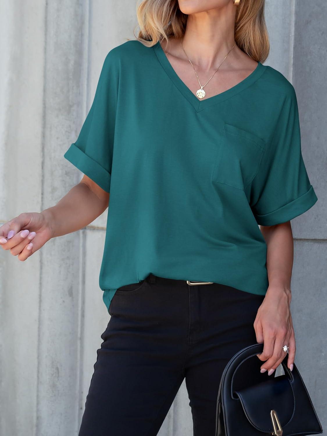 imageANRABESS Women T Shirts Oversized Short Sleeve V Neck 2025 Summer Casual Loose Tops Basic Tee Shirts Outfits with PocketTeal