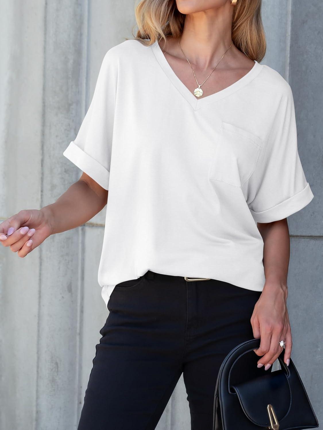 imageANRABESS Women T Shirts Oversized Short Sleeve V Neck 2025 Summer Casual Loose Tops Basic Tee Shirts Outfits with PocketWhite