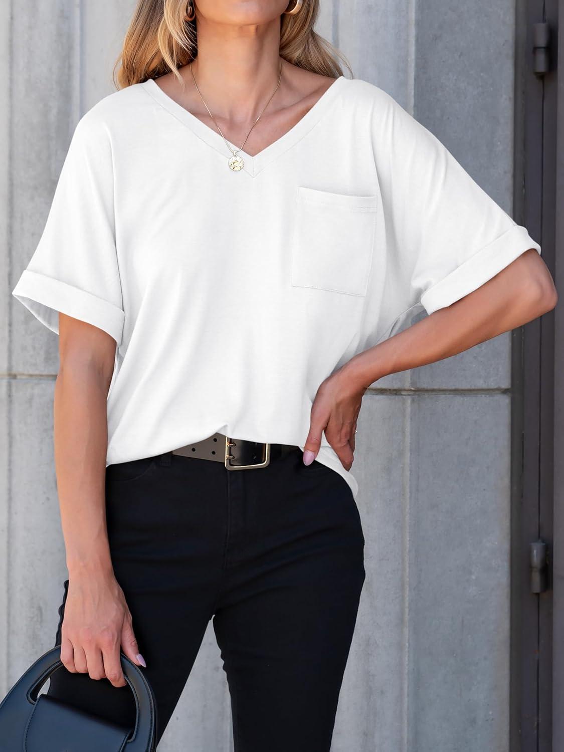 imageANRABESS Women T Shirts Oversized Short Sleeve V Neck 2025 Summer Casual Loose Tops Basic Tee Shirts Outfits with PocketWhite