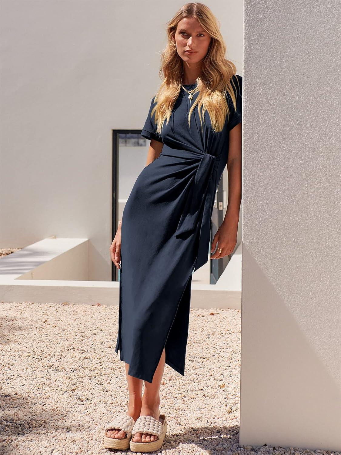 imageANRABESS Womens 2025 Summer Maxi Tshirt Dress Short Sleeve Crewneck Tie Waist Casual Slim Fit Slit Spring Long Beach DressesNavy Blue