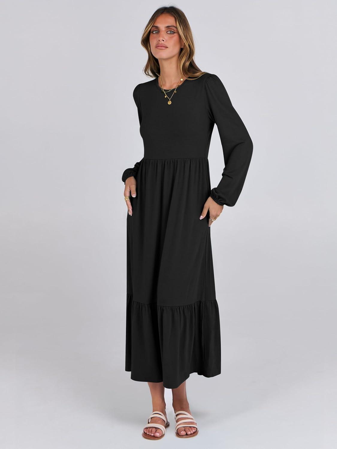imageANRABESS Womens Casual Long Sleeve Midi Dress 2025 Fall Crewneck A Line Tiered Flowy Loose Trendy Dresses with PocketsBlack