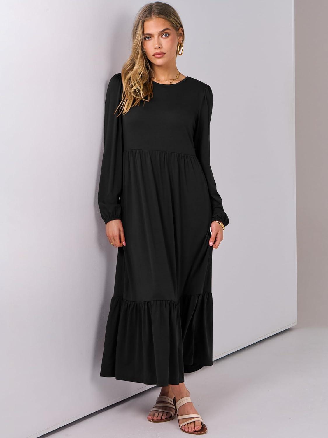 imageANRABESS Womens Casual Long Sleeve Midi Dress 2025 Fall Crewneck A Line Tiered Flowy Loose Trendy Dresses with PocketsBlack