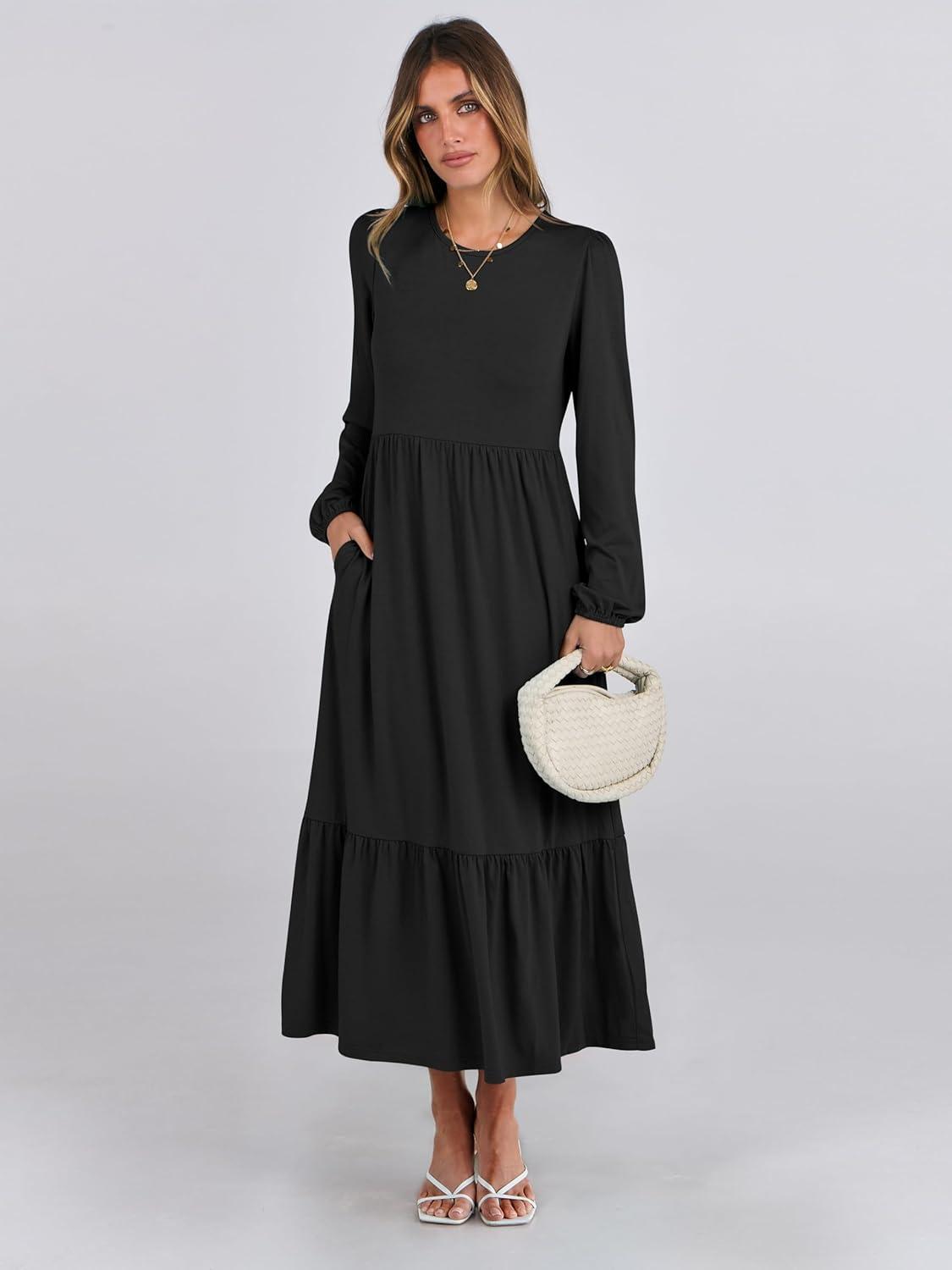 imageANRABESS Womens Casual Long Sleeve Midi Dress 2025 Fall Crewneck A Line Tiered Flowy Loose Trendy Dresses with PocketsBlack