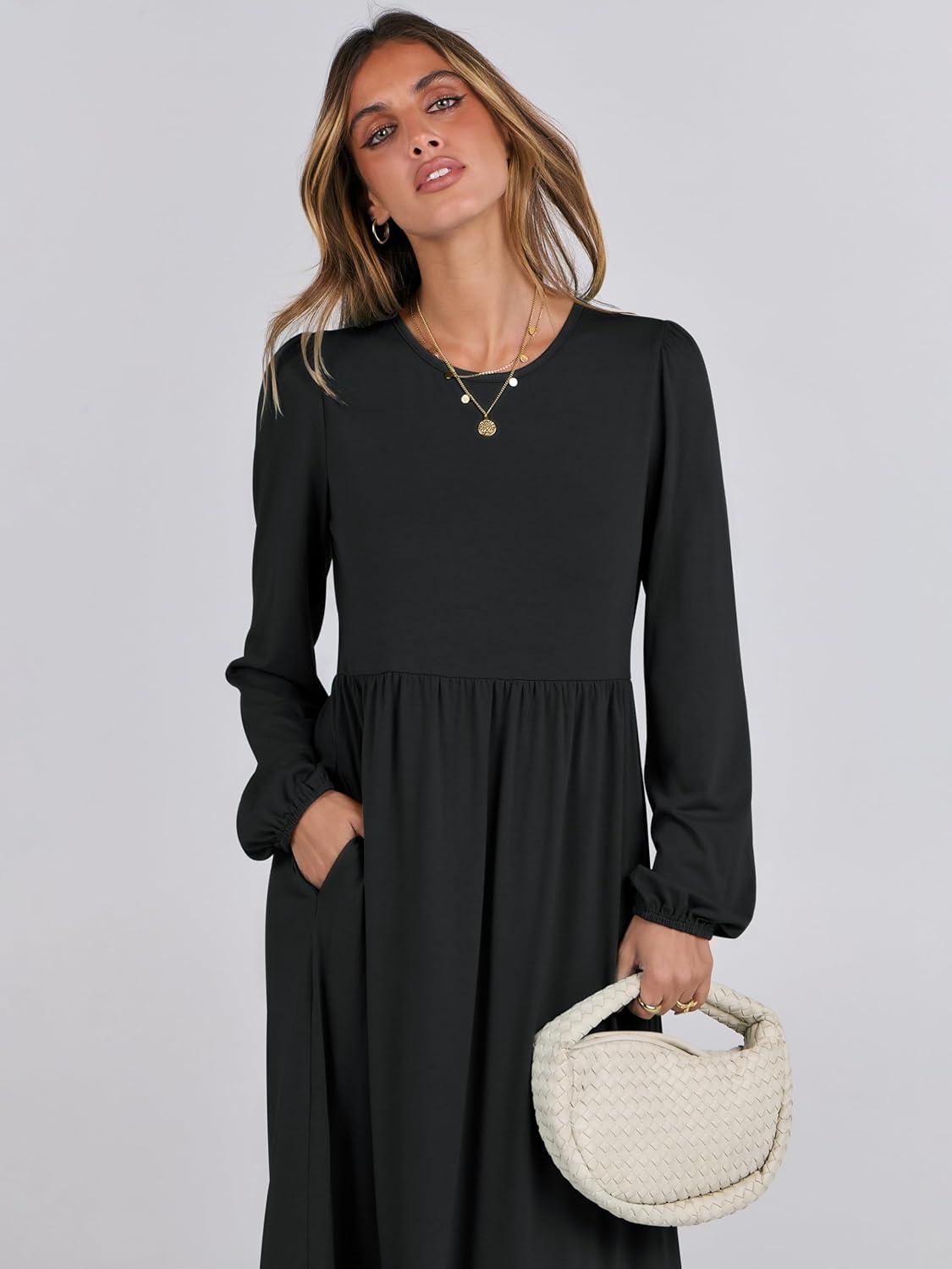 imageANRABESS Womens Casual Long Sleeve Midi Dress 2025 Fall Crewneck A Line Tiered Flowy Loose Trendy Dresses with PocketsBlack