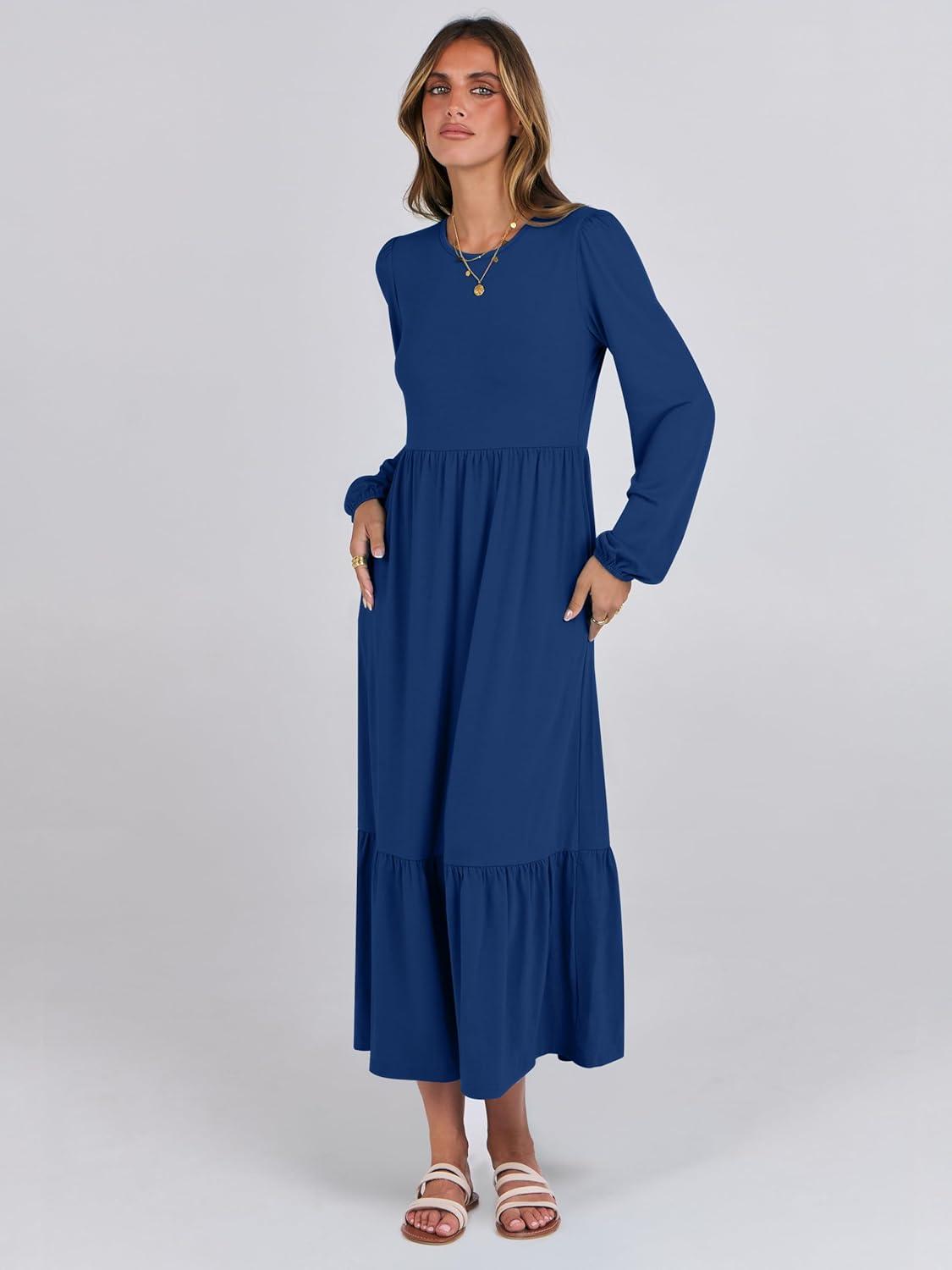 imageANRABESS Womens Casual Long Sleeve Midi Dress 2025 Fall Crewneck A Line Tiered Flowy Loose Trendy Dresses with PocketsBlue