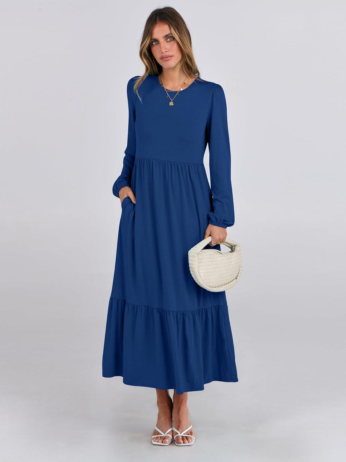 imageANRABESS Womens Casual Long Sleeve Midi Dress 2025 Fall Crewneck A Line Tiered Flowy Loose Trendy Dresses with PocketsBlue