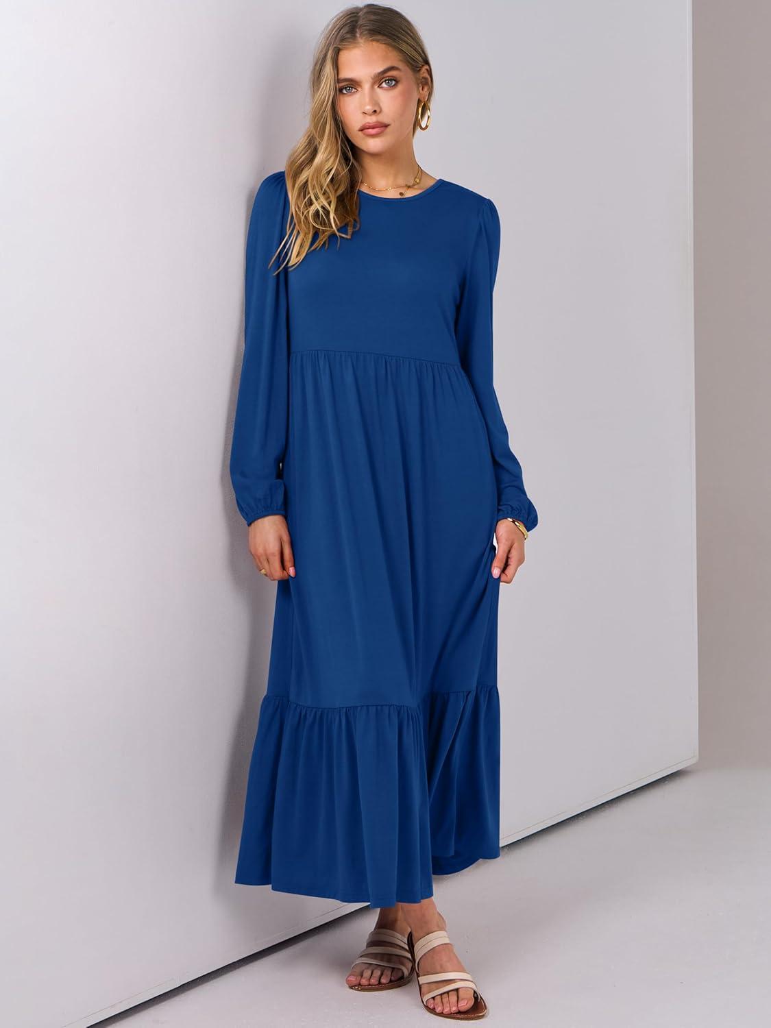 imageANRABESS Womens Casual Long Sleeve Midi Dress 2025 Fall Crewneck A Line Tiered Flowy Loose Trendy Dresses with PocketsBlue
