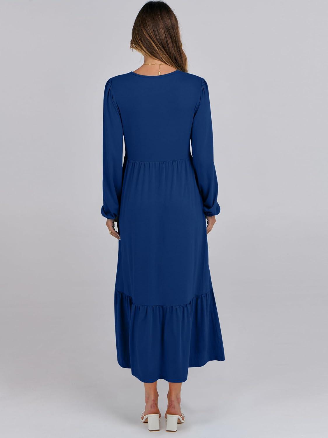 imageANRABESS Womens Casual Long Sleeve Midi Dress 2025 Fall Crewneck A Line Tiered Flowy Loose Trendy Dresses with PocketsBlue
