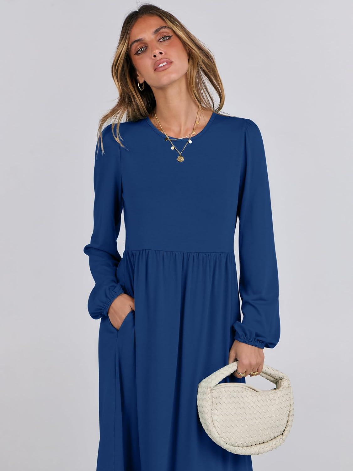 imageANRABESS Womens Casual Long Sleeve Midi Dress 2025 Fall Crewneck A Line Tiered Flowy Loose Trendy Dresses with PocketsBlue