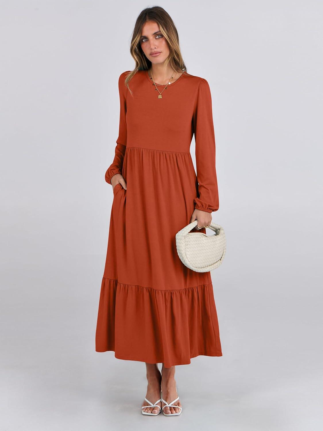 imageANRABESS Womens Casual Long Sleeve Midi Dress 2025 Fall Crewneck A Line Tiered Flowy Loose Trendy Dresses with PocketsBrick Red