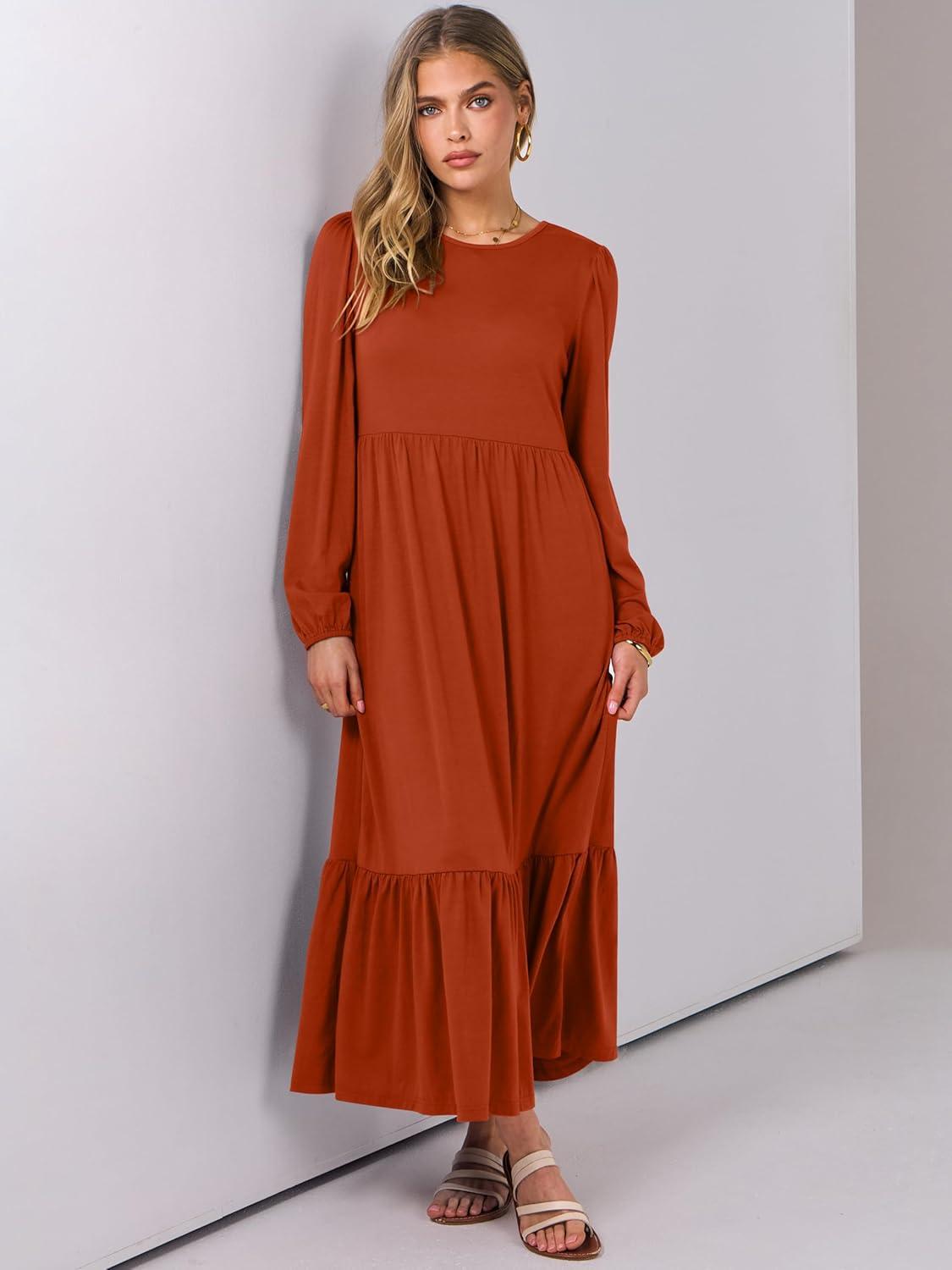 imageANRABESS Womens Casual Long Sleeve Midi Dress 2025 Fall Crewneck A Line Tiered Flowy Loose Trendy Dresses with PocketsBrick Red