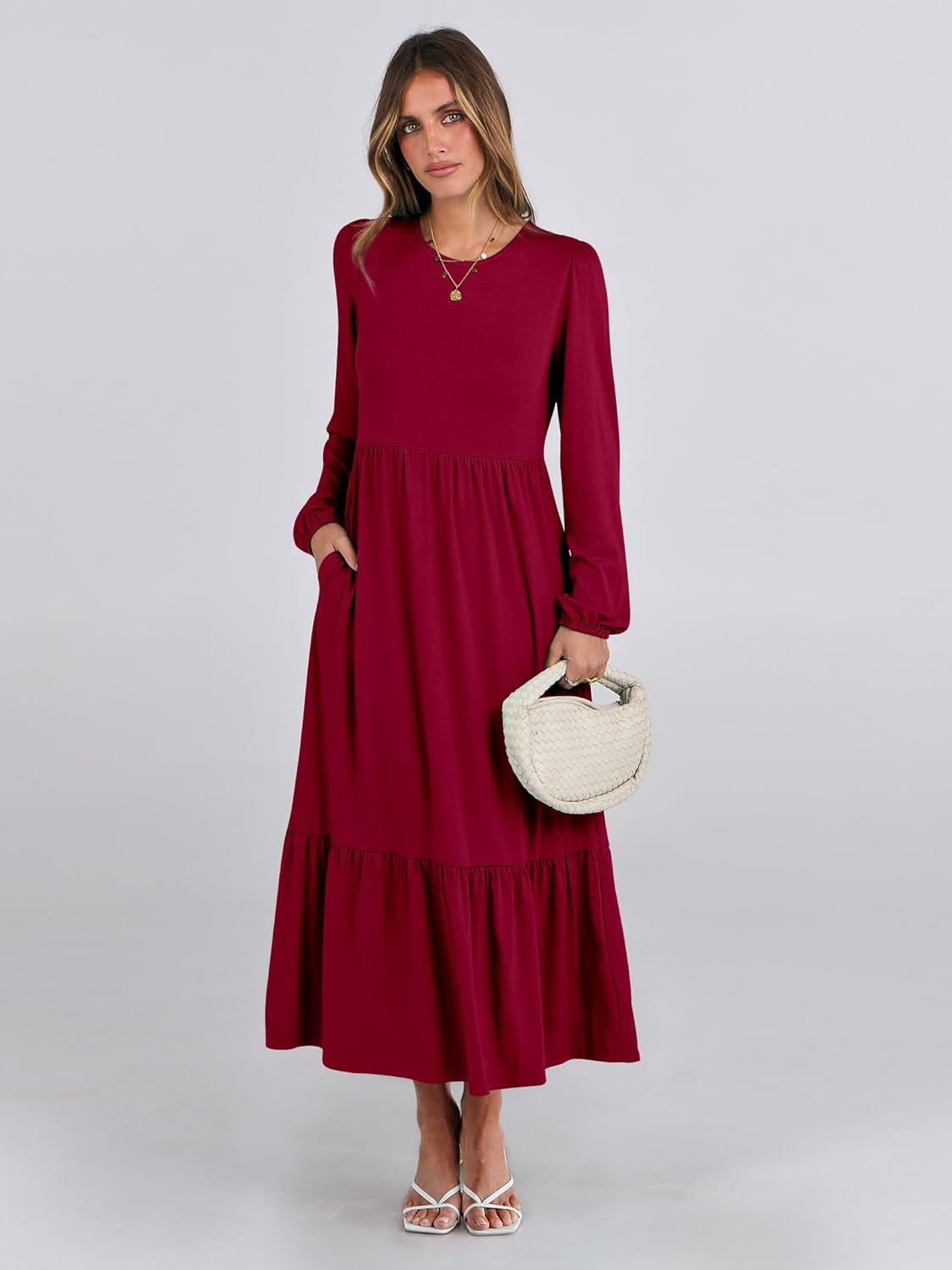 imageANRABESS Womens Casual Long Sleeve Midi Dress 2025 Fall Crewneck A Line Tiered Flowy Loose Trendy Dresses with PocketsBurgundy