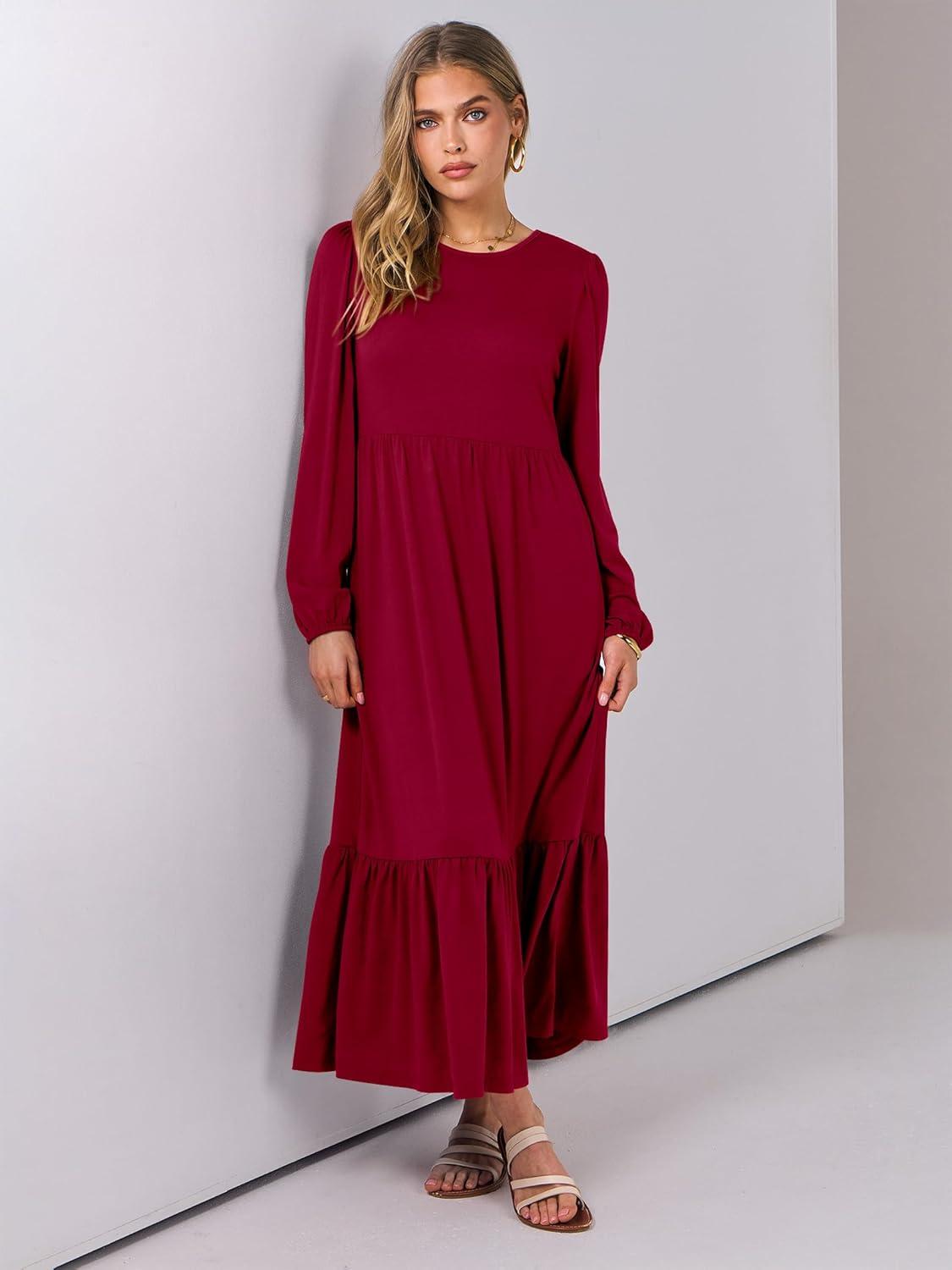 imageANRABESS Womens Casual Long Sleeve Midi Dress 2025 Fall Crewneck A Line Tiered Flowy Loose Trendy Dresses with PocketsBurgundy