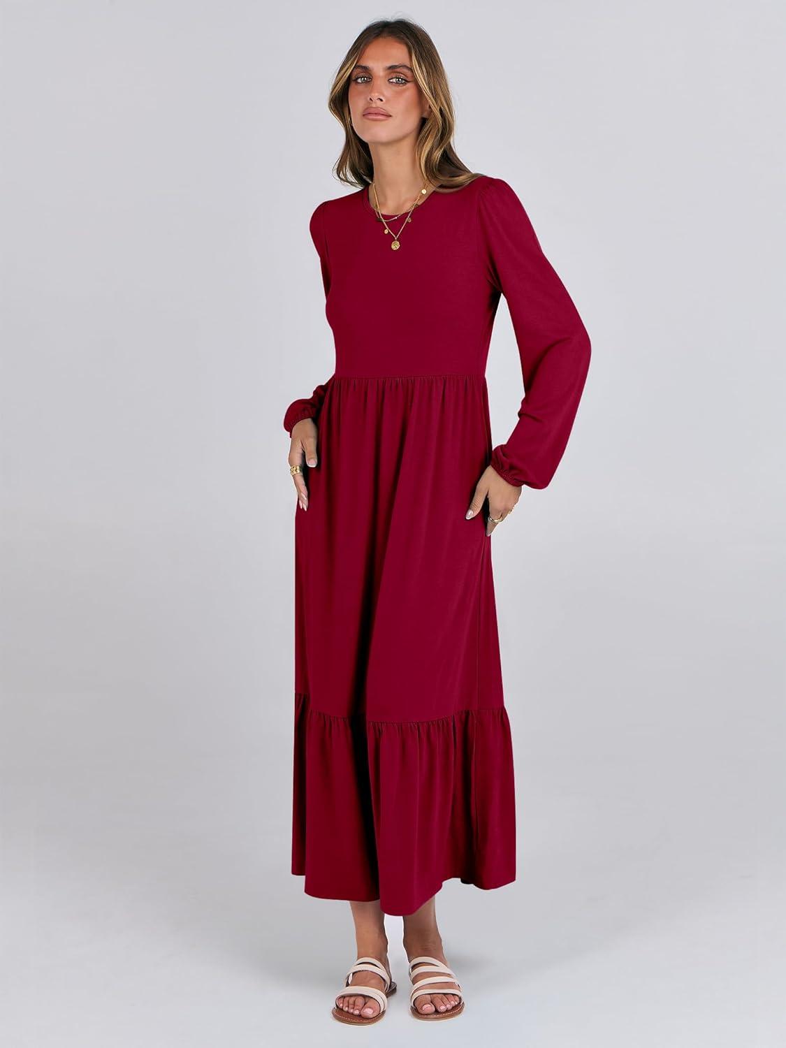 imageANRABESS Womens Casual Long Sleeve Midi Dress 2025 Fall Crewneck A Line Tiered Flowy Loose Trendy Dresses with PocketsBurgundy