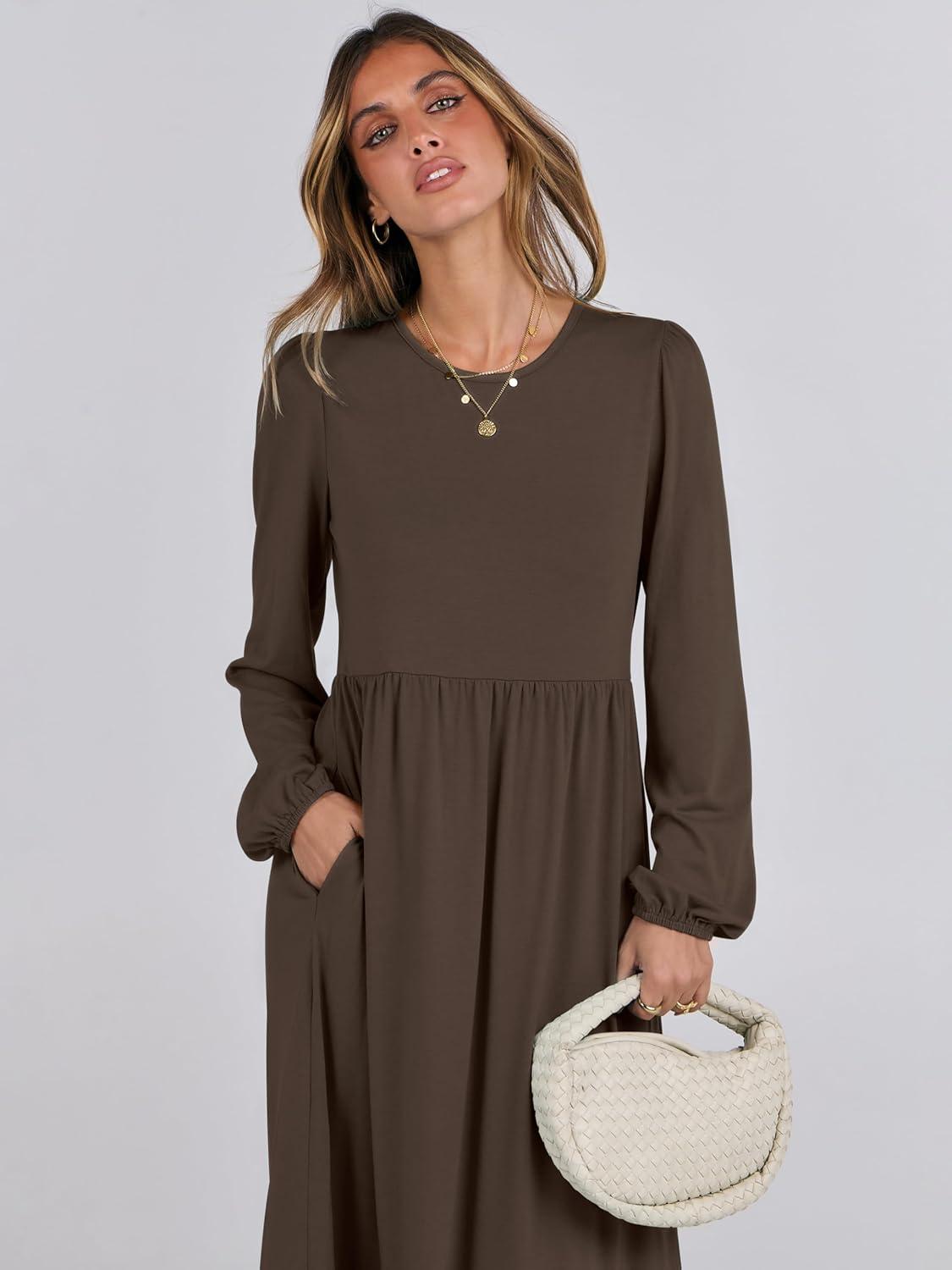 imageANRABESS Womens Casual Long Sleeve Midi Dress 2025 Fall Crewneck A Line Tiered Flowy Loose Trendy Dresses with PocketsCoffee