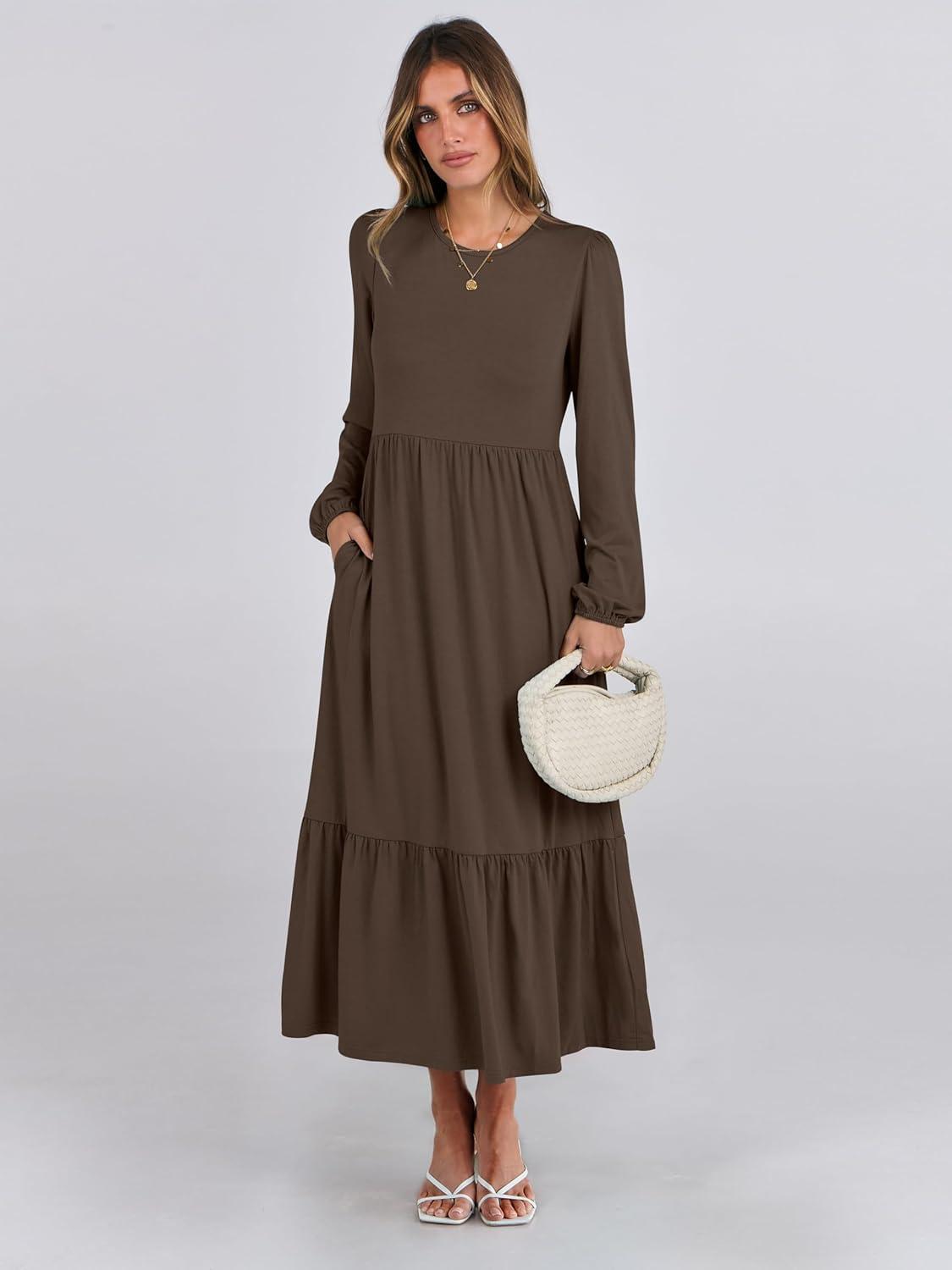 imageANRABESS Womens Casual Long Sleeve Midi Dress 2025 Fall Crewneck A Line Tiered Flowy Loose Trendy Dresses with PocketsCoffee