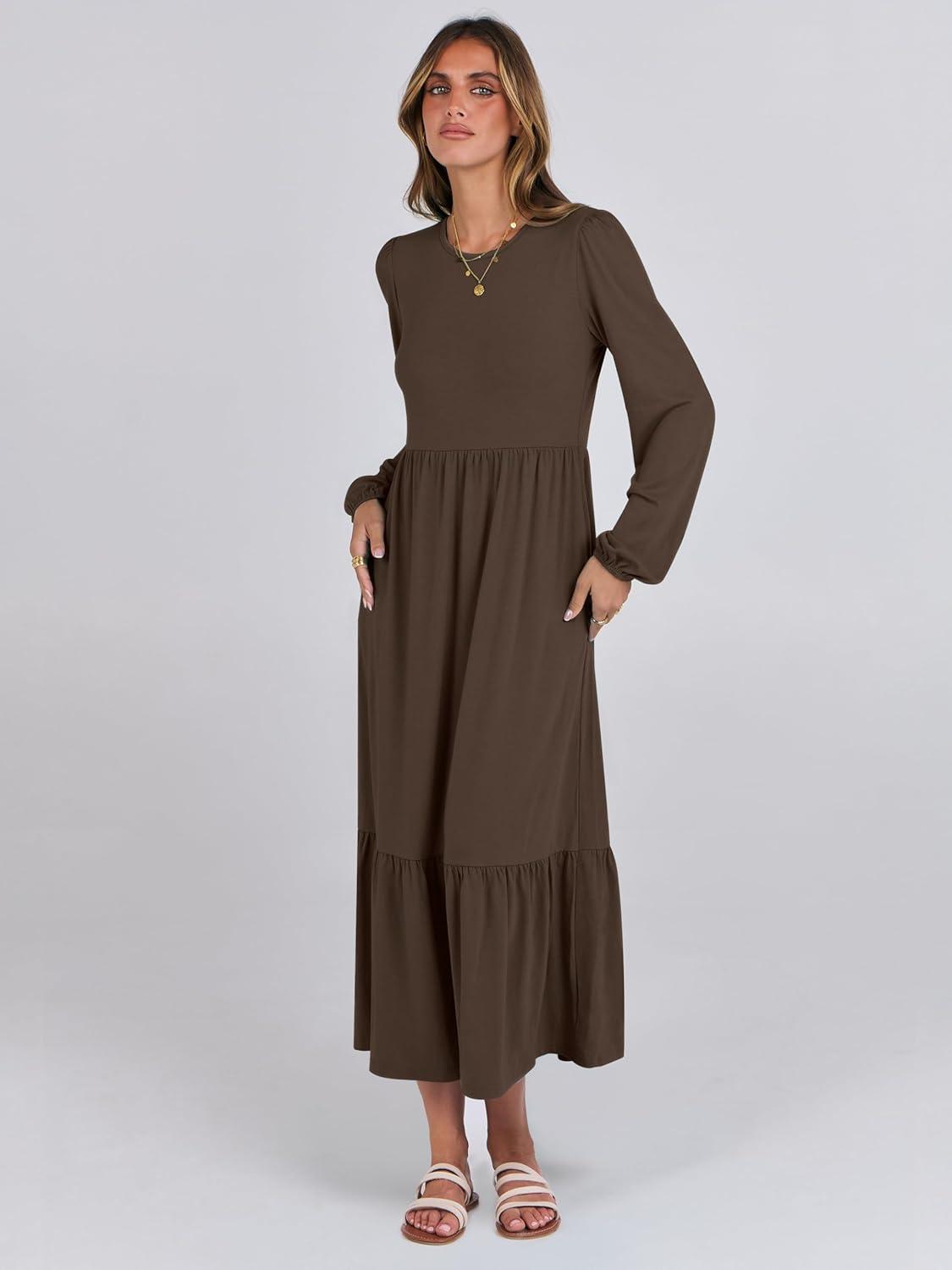 imageANRABESS Womens Casual Long Sleeve Midi Dress 2025 Fall Crewneck A Line Tiered Flowy Loose Trendy Dresses with PocketsCoffee
