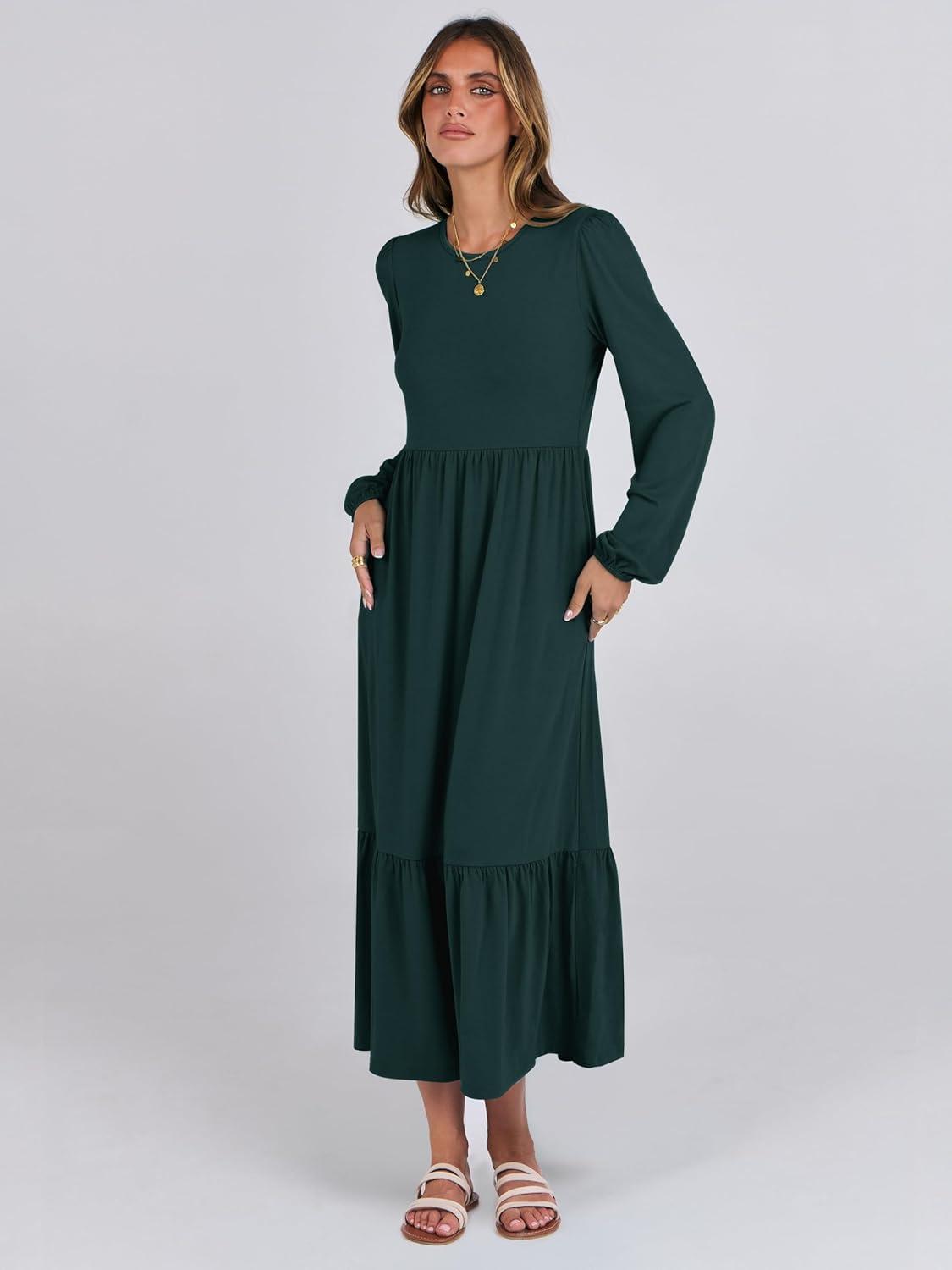 imageANRABESS Womens Casual Long Sleeve Midi Dress 2025 Fall Crewneck A Line Tiered Flowy Loose Trendy Dresses with PocketsDark Green