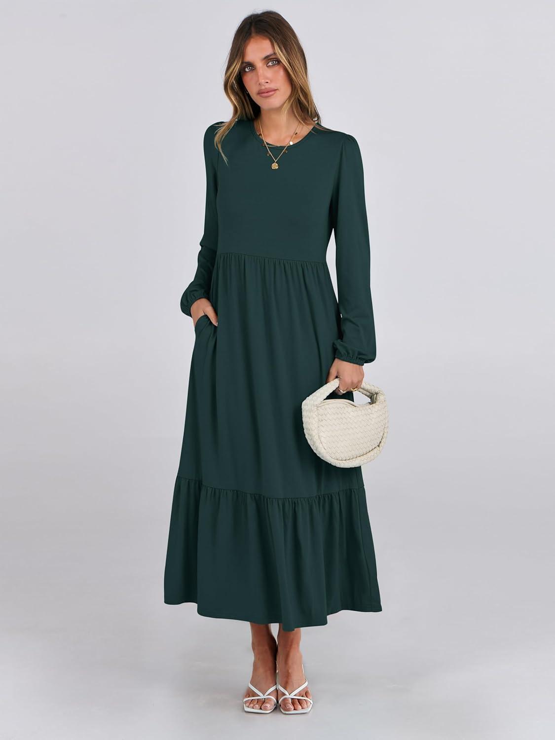 imageANRABESS Womens Casual Long Sleeve Midi Dress 2025 Fall Crewneck A Line Tiered Flowy Loose Trendy Dresses with PocketsDark Green