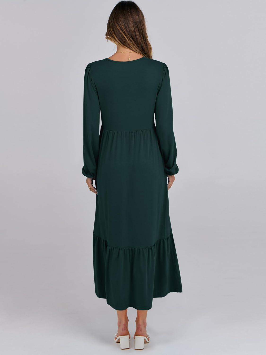imageANRABESS Womens Casual Long Sleeve Midi Dress 2025 Fall Crewneck A Line Tiered Flowy Loose Trendy Dresses with PocketsDark Green