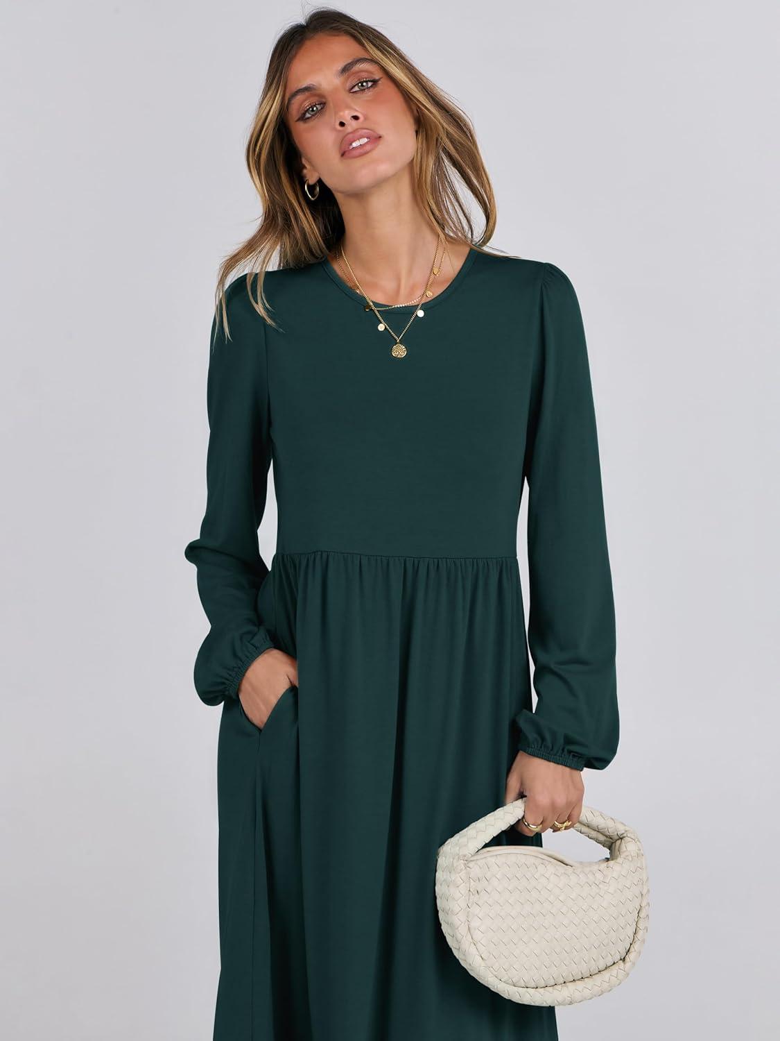 imageANRABESS Womens Casual Long Sleeve Midi Dress 2025 Fall Crewneck A Line Tiered Flowy Loose Trendy Dresses with PocketsDark Green