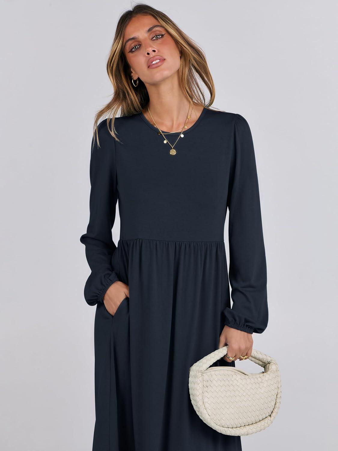 imageANRABESS Womens Casual Long Sleeve Midi Dress 2025 Fall Crewneck A Line Tiered Flowy Loose Trendy Dresses with PocketsDark Navy Blue