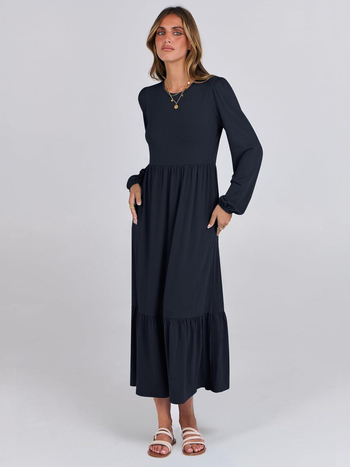 imageANRABESS Womens Casual Long Sleeve Midi Dress 2025 Fall Crewneck A Line Tiered Flowy Loose Trendy Dresses with PocketsDark Navy Blue