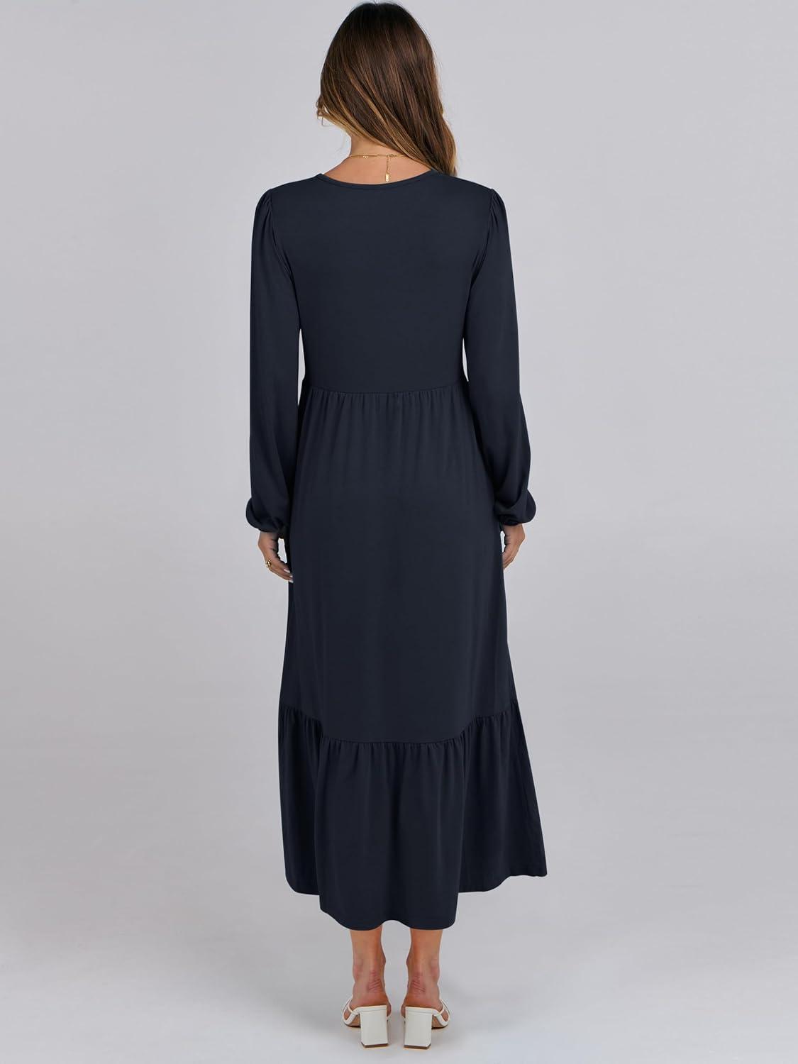 imageANRABESS Womens Casual Long Sleeve Midi Dress 2025 Fall Crewneck A Line Tiered Flowy Loose Trendy Dresses with PocketsDark Navy Blue