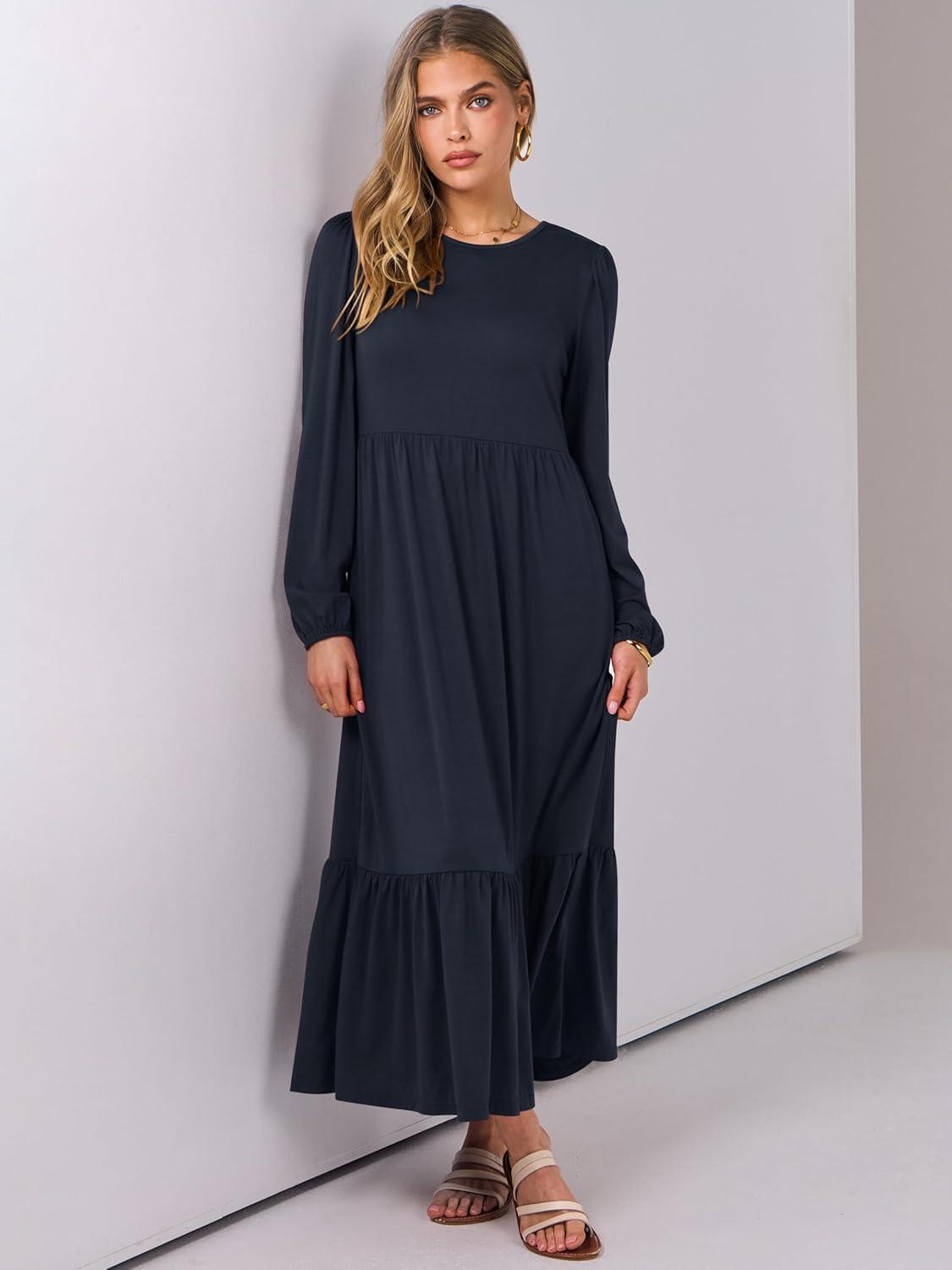 imageANRABESS Womens Casual Long Sleeve Midi Dress 2025 Fall Crewneck A Line Tiered Flowy Loose Trendy Dresses with PocketsDark Navy Blue