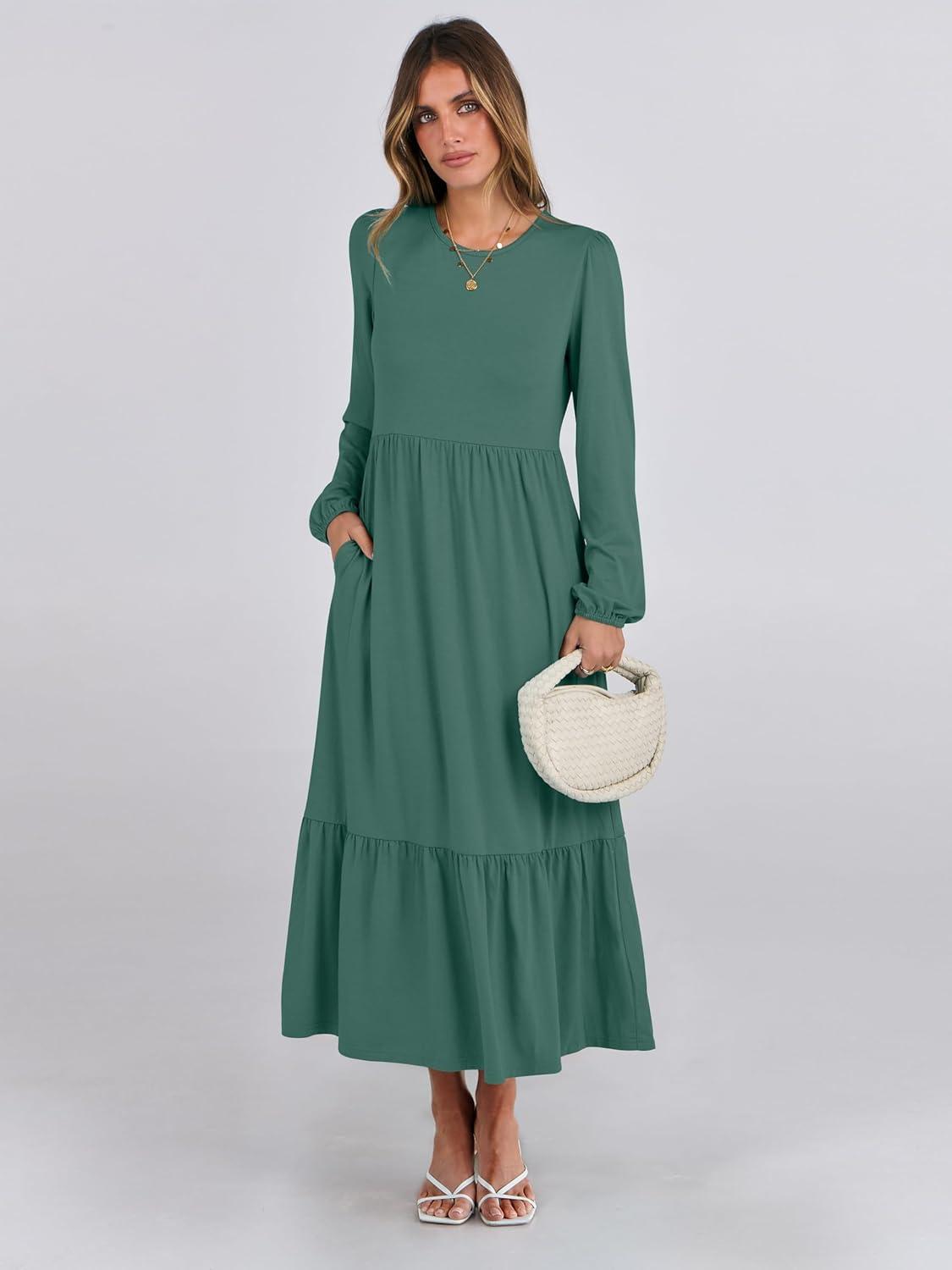 imageANRABESS Womens Casual Long Sleeve Midi Dress 2025 Fall Crewneck A Line Tiered Flowy Loose Trendy Dresses with PocketsGrass Green