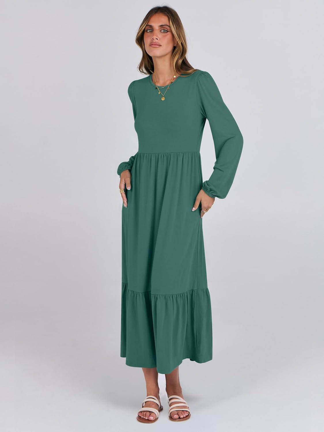 imageANRABESS Womens Casual Long Sleeve Midi Dress 2025 Fall Crewneck A Line Tiered Flowy Loose Trendy Dresses with PocketsGrass Green