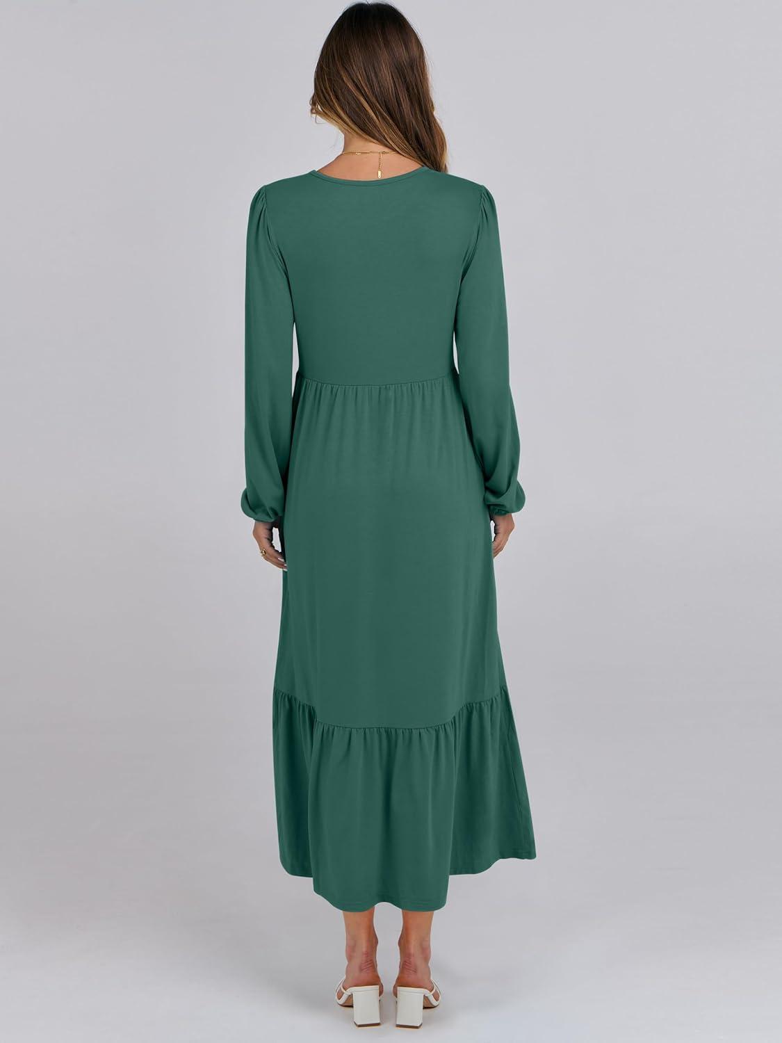 imageANRABESS Womens Casual Long Sleeve Midi Dress 2025 Fall Crewneck A Line Tiered Flowy Loose Trendy Dresses with PocketsGrass Green