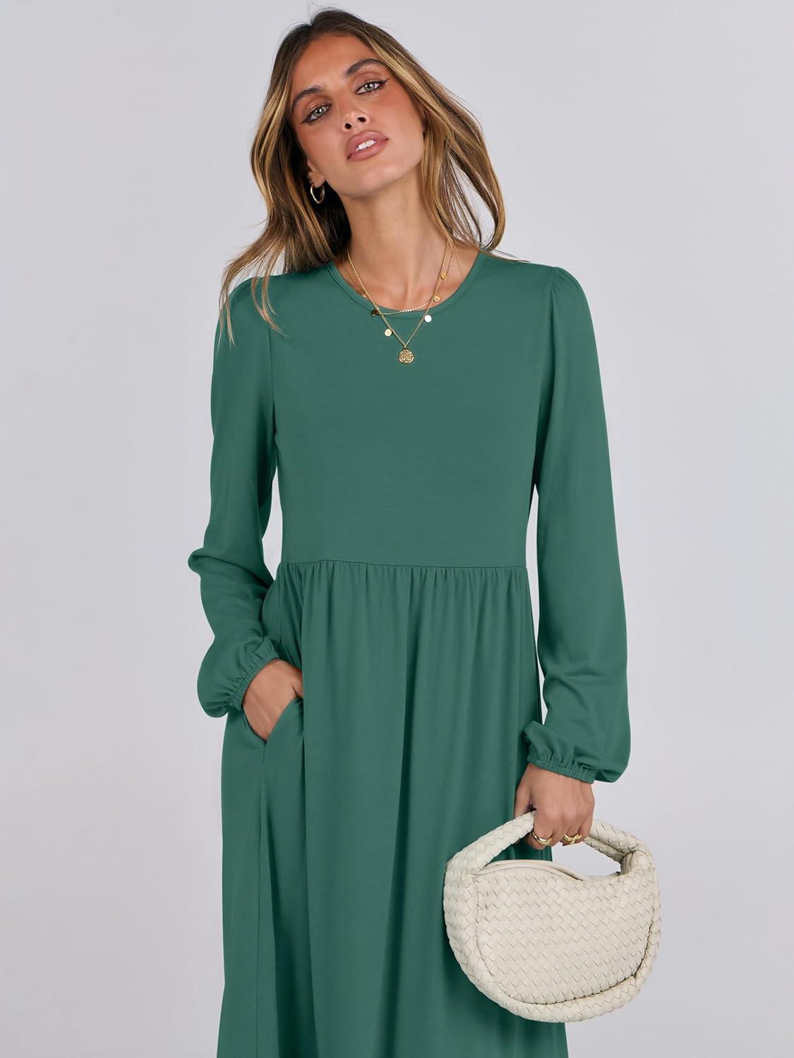 imageANRABESS Womens Casual Long Sleeve Midi Dress 2025 Fall Crewneck A Line Tiered Flowy Loose Trendy Dresses with PocketsGrass Green