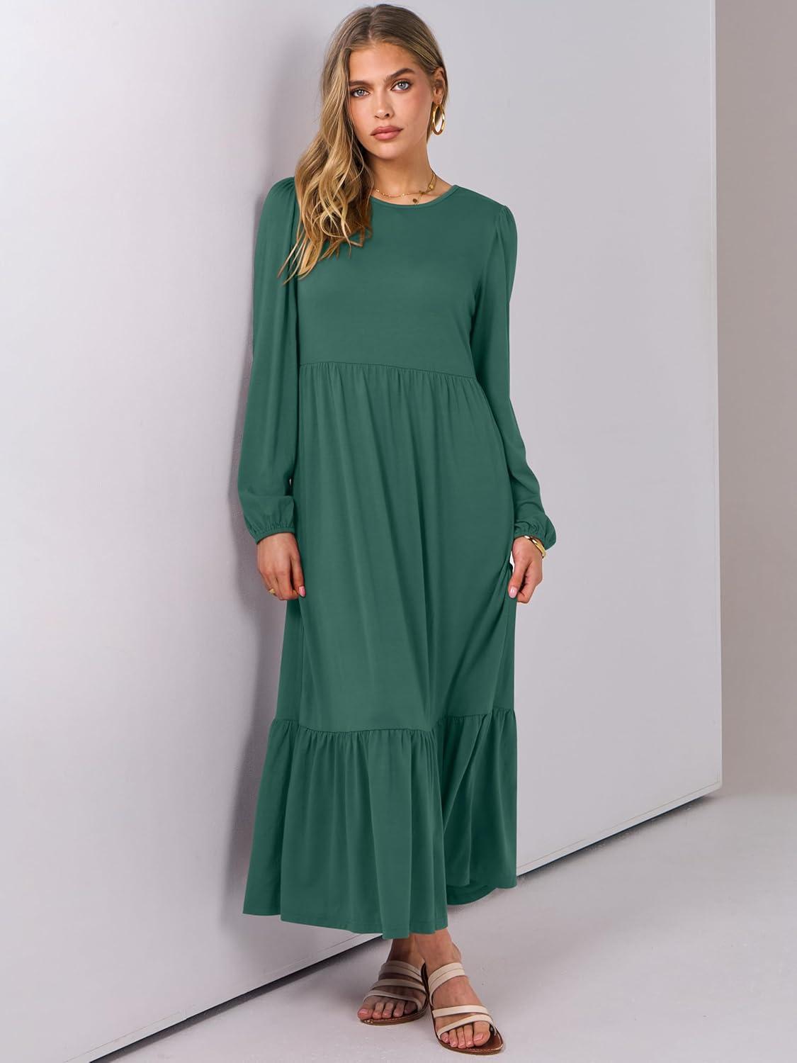 imageANRABESS Womens Casual Long Sleeve Midi Dress 2025 Fall Crewneck A Line Tiered Flowy Loose Trendy Dresses with PocketsGrass Green